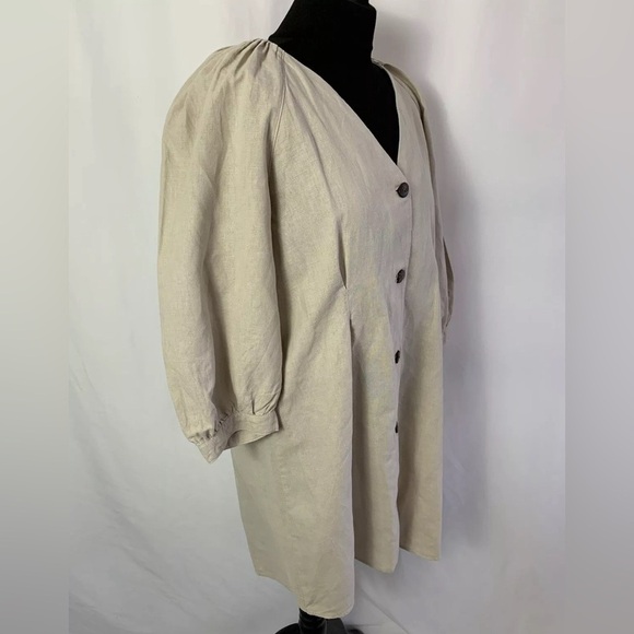 Zara Beige Linen Cotton Dress Size S Smock Oversize Puff Sleeve - Picture 3 of 8